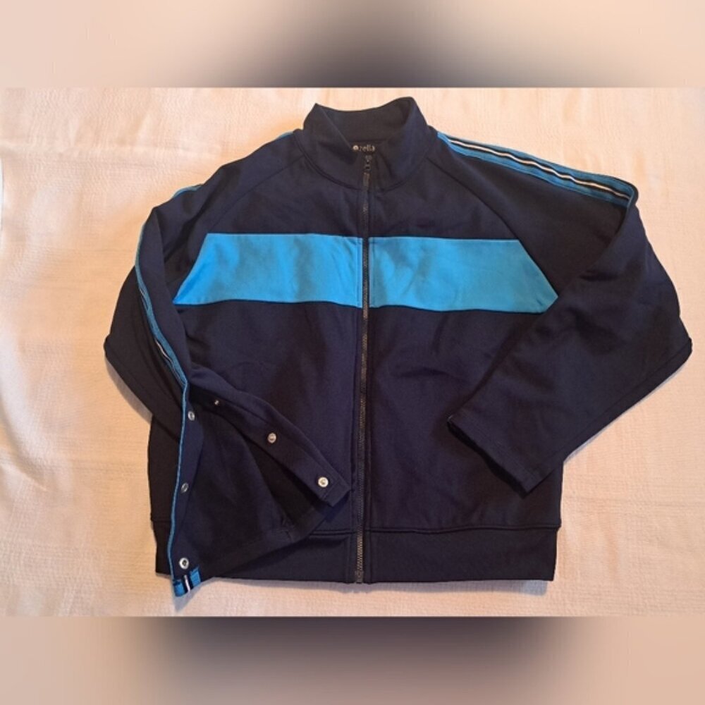 Zella girls size XL or 14/16 navy blue zip up jacket, striped down sleeve EUC